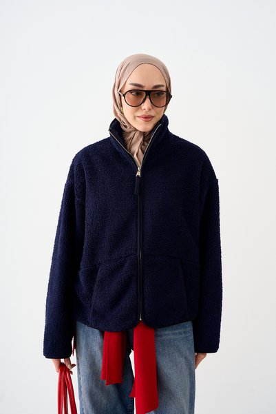 LOCCO Women's Mock Neck Zip-Up Fleece Jacket with Front Pockets, Navy Blue