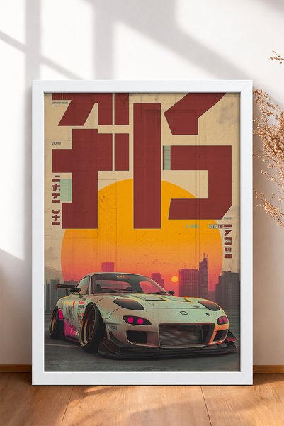 HOMEPACK Retro Japanese Drift Car Art Print at Sunset—Framed Car Poster for G...