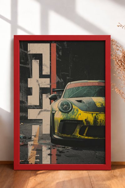 HOMEPACK Tablou înrăiat cu mașină sport germană galbenă, poster auto, decor d...