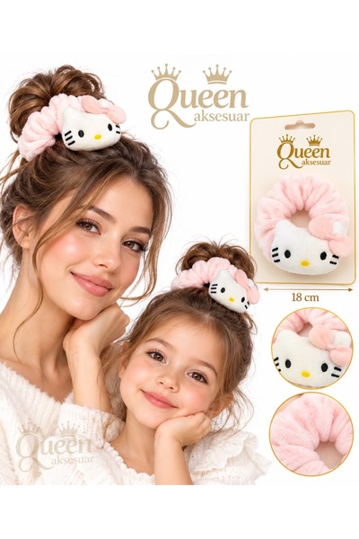 QUEEN AKSESUAR Hello Cat-Printed Pink Velvet Plush Simit with Bow Detail and ...