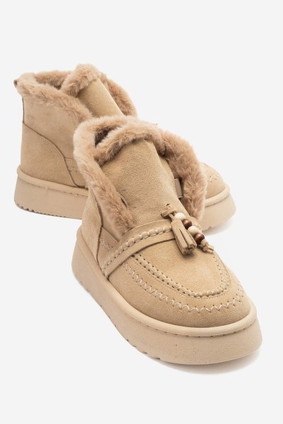 LuviShoes حذاء نسائي من جلد الغزال البيج الأصلي، مزين بالفرو والشرابات، من ما...