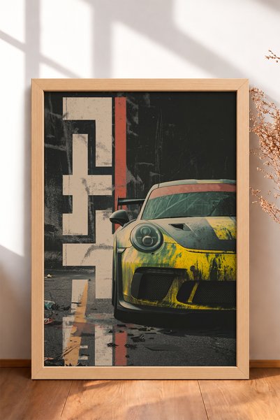 HOMEPACK Tablou înrăiat cu mașină sport germană galbenă, poster auto, decor d...