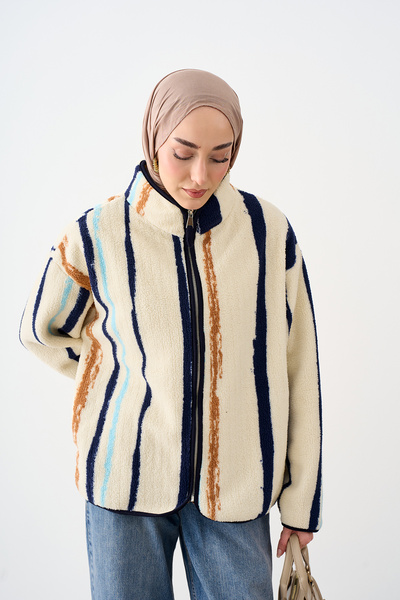 LOCCO Women's Fleece Jacket with Striped Detail and Zipper, Cream