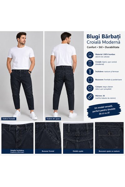 Generic Brand Blugi Bărbați Negri Denim – Croială Modernă, Mărimea 36