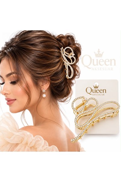 QUEEN AKSESUAR Gold, Crystal-Studded, Wavy, Coiled Metal Buckle, Pearl-Adorne...