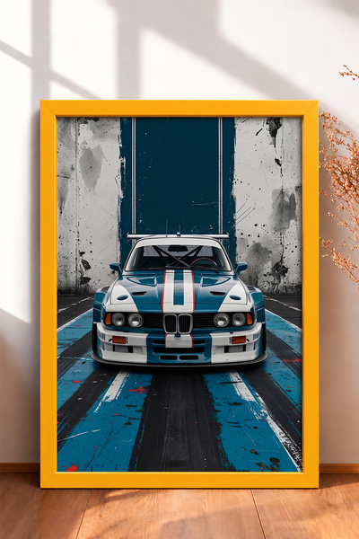 HOMEPACK Classic Race Car with Blue and White Stripes—Framed Art Print, Car P...