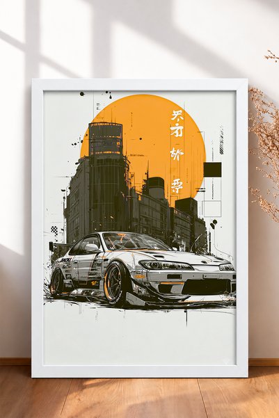 HOMEPACK Ink Drawing of a Japanese Drift Car—Framed Art Print, Car Poster, Ga...