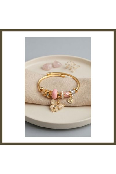 northcity n Pink Butterfly-Style Modal Gold-Colored Charm Bracelet BX