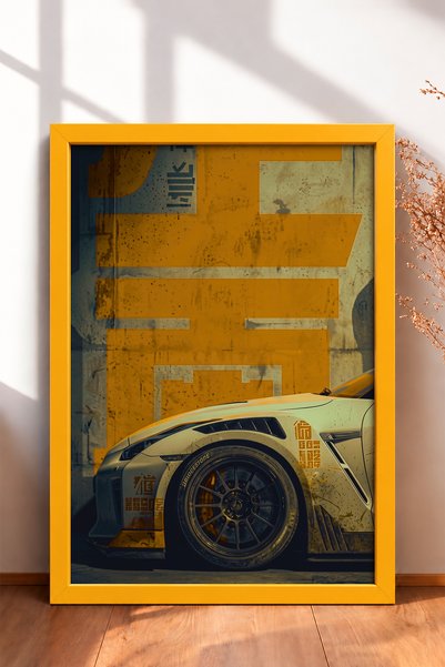 HOMEPACK Framed Painting of a Japanese Race Car in Front of a Mustard-Yellow ...