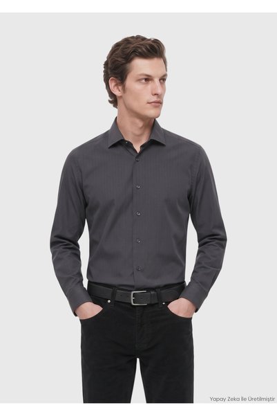 Ramsey Khaki Herringbone Casual Fit Long-Sleeved Woven Casual Cotton Blend Shirt