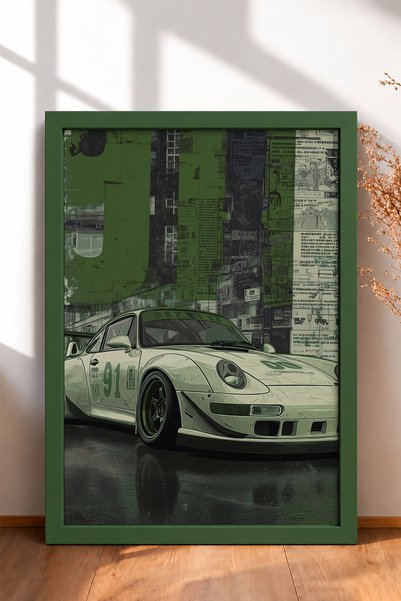 HOMEPACK Green-Toned Retro Collage Sports Car Framed Art Print / Car Poster f...