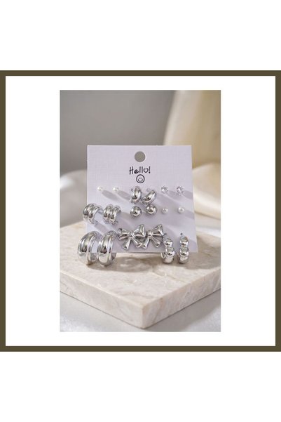 northcity n Silver-Toned Metallic-Plated CCB 9-Pair Earring Set with Bow Deta...