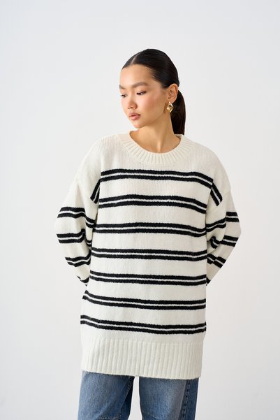 LOCCO Women's Crew Neck Striped Knit Sweater, Cream