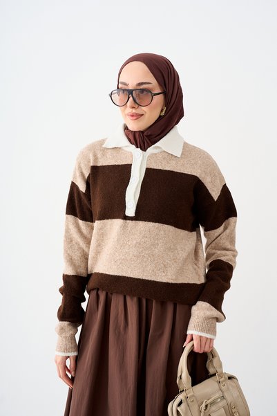 LOCCO Women's Two-Tone Half-Buttoned Knit Tunic, Brown