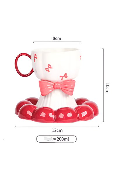 wafra store طقم كوب وصحن سيراميك بتصميم فيونكات كلاسيكية (Coquette) مع صندوق ...