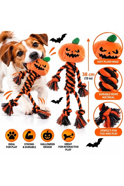VARENTIS Jucărie de Halloween pentru câini cu dovleac catifelat și corzi împl...
