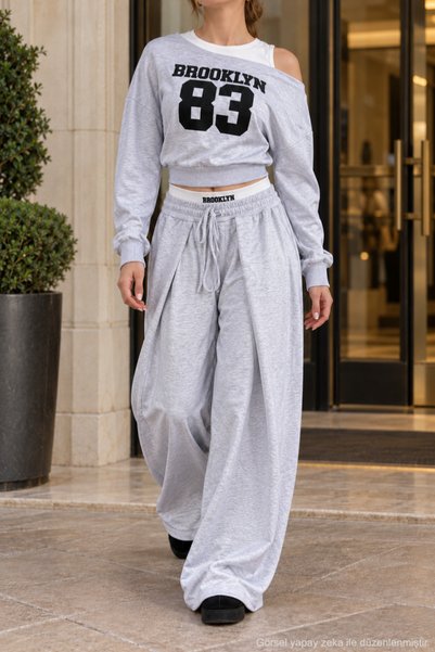 1434 Polo State Kadın Brooklyn 83 Baskılı Düşük Omuz Crop Sweatshirt ve Bol Paça Pantolon