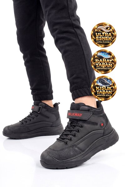 WALKWAY Black and Red Velcro-Closure Rubber Sole-equipped Boys' Sneakers Boot...