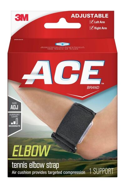 ACE دعامة كوع التنس من Brand، قابلة للتعديل، لون أسود، عبوة واحدة