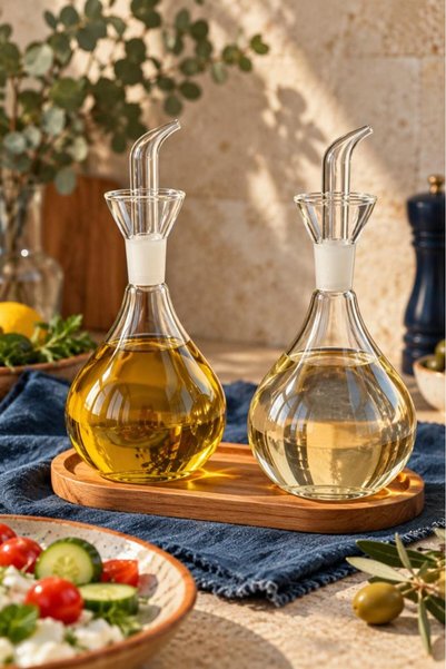Atbyhome 2'li Akasya Ahşap Standlı Borosilikat Cam Yağdanlık 900 ml - İbrik U...