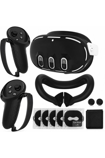 cosmostech CS-034 Meta Quest 3 ile Uyumlu 7'si 1 Arada VR Koruyucu Aksesuar Seti – Silikon Ön Kapak Kılıfı, Yüz Pedi, Kontrolcü Kılıfı ve Lens Koruyucu Siyah