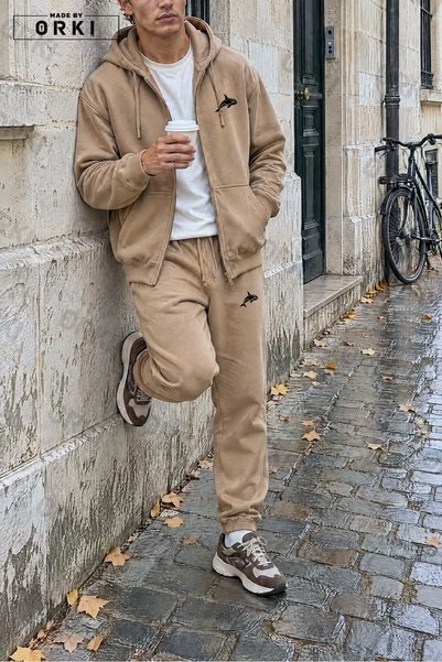 EFFRENATU Light Beige Unisex Cardigan and Jogger Pants 2-Piece Set with Minim...