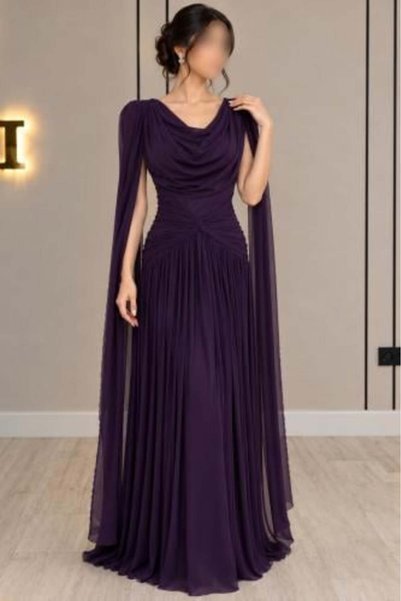 Azouq Elegant Draped Long Purple Dress |