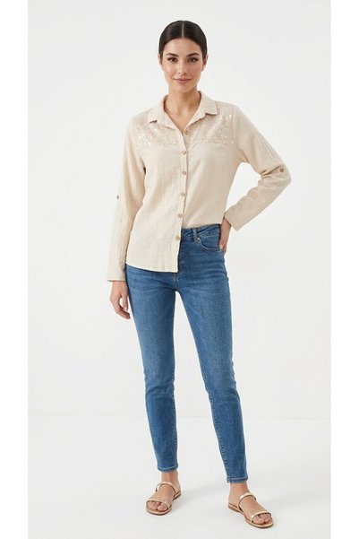 Sierra otantik Cream-Colored Shirt with Beaded Shoulders and Fold-Down Sleeve...