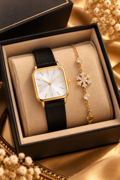 Arzu Butik Women's Gold-Tone Square-Case Wristwatch with Black Strap and Snow...