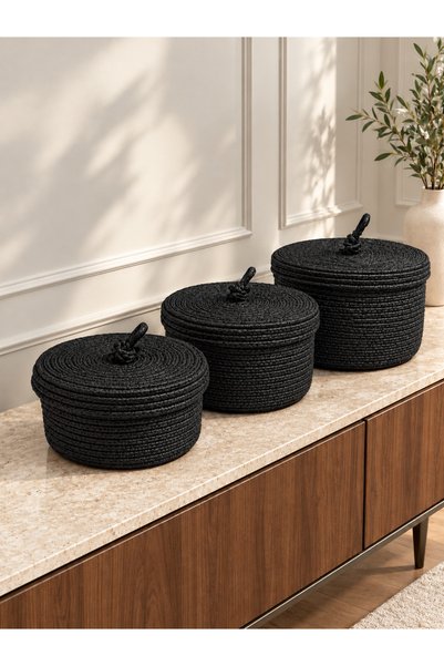 Türkmen Ev Tekstil Black Jute, Wicker, 3-Piece Basket Set with Lids, Multi-Pu...