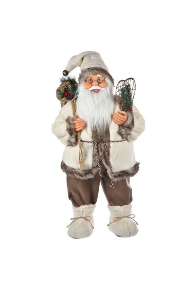 OEM Figurină Moș Crăciun - Model cu haină bej, geantă și schiuri, 80 cm (DCJ5...