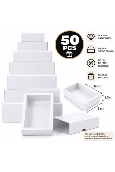 VARENTIS Set 50 cutii de hârtie albe cu sertar glisant 12x9x3.3 cm, cutii ele...