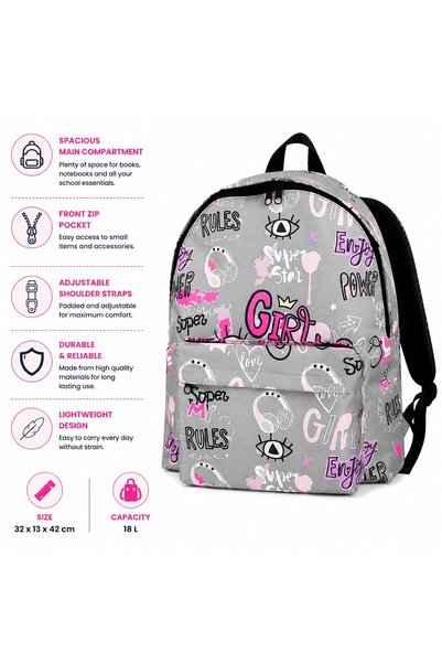 VARENTIS Rucsac școlar pentru fete, gri cu model roz feminin, 18L, compartime...