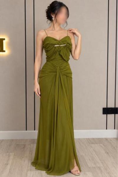 Azouq Long olive green dress with an elegant draped design |
