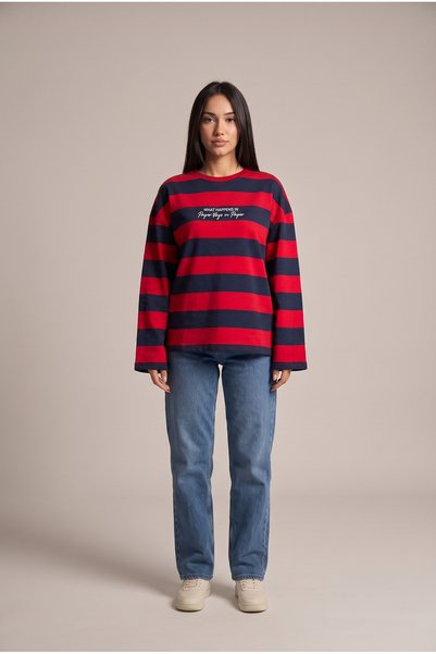MİROR Women's Oversized Long-Sleeve Sweatshirt with a Crew Neck and Wide Stripes