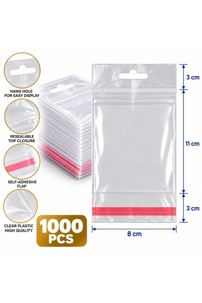 VARENTIS Set de 1000 pungi transparente 8x11 cm cu agățătoare și clapetă auto...