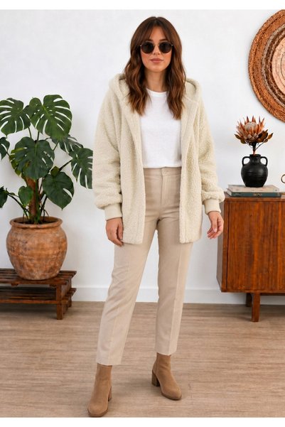 Little Visqon Women's Ecru Hooded Plush Jacket with Ribbed Sleeve Detail—Over...