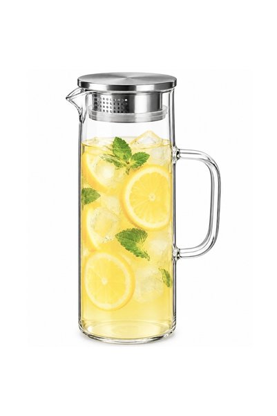 PUFO Carafă elegantă din sticlă cu mâner, capac metalic, pentru apă, limonadă...