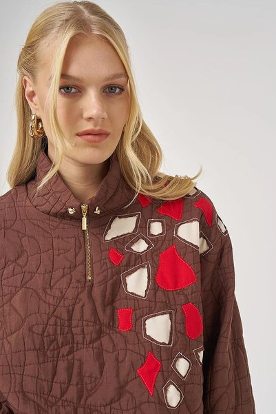 Kayra BROWN Scuba TUNIC WITH EMBROIDERED APPLIQUES 21083
