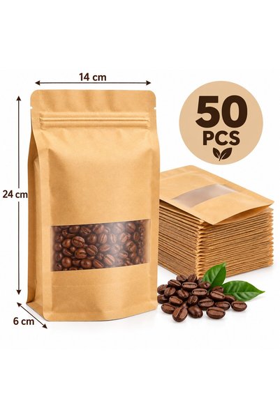 VARENTIS Set de 50 de pungi Kraft cu fund plat, 14x24x6 cm, cu fereastră tran...