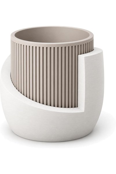 Generic Ribbed Planter with Drip Base 16.5 cm, 12 cm Opening, Taupe & White, ...