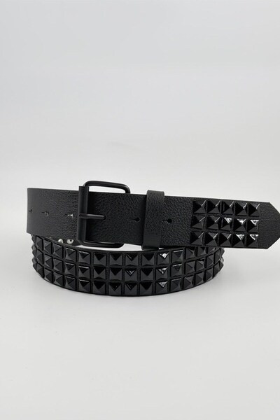 Köstebek Black Leather Belt with Three Stripes and a Black Pyramid