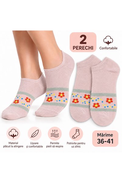 Generic Brand Set 2 perechi sosete scurte dama, 95% bumbac, model floricele, ...