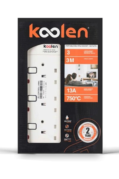 Koolen Socket 3 Outlets, 2 USB Ports, 3 Meter Cable, White