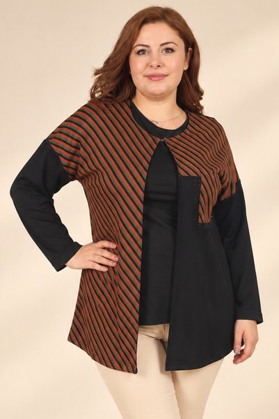 By Saygı Women's Short-Sleeve Blouse with Cross-Stripe Pattern, Stone Embelli...