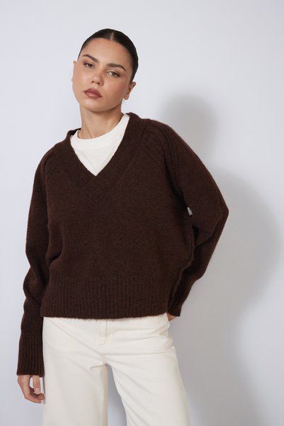 Nisan V-Neck Italian Raglan Oversized Wool Sweater, Coffee