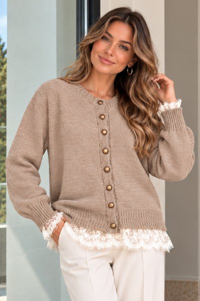 benguen R4621 Lace-Detail Cardigan in taupe color