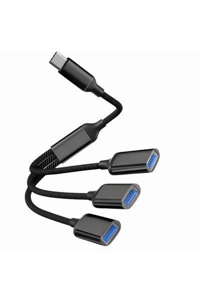 Lunatic 1361 Type C To Usb Çoklayıcı 3 Port Hub Adaptör 3.0 ve 2.0 Örgülü Çevirici Kablo Çoğaltıcı