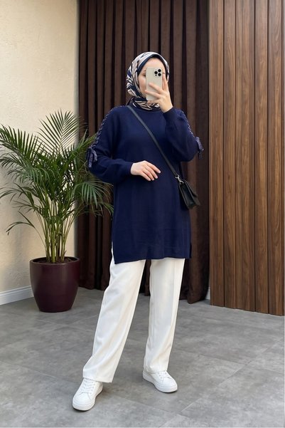 MODAQU Fiyonk Uçlu Saç Örgü Dökümlü Triko Tunik - Lacivert