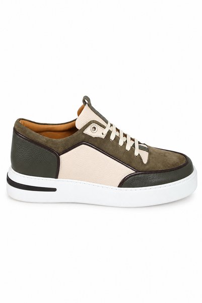Bisse Khaki Beige Suede Men's Lace-Up Sneakers with Suede Accents